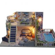WYD DIY Santorini Dollhouse Wooden Miniature Kit with Voice Control Light X-mas Gift