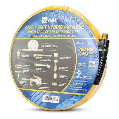  WYNNsky 18 Pieces Air Compressor Accessories, 3/8 Inch × 25 Feet Hybrid Air Compressor Hose with 1/4 Inch NPT Male Threads, 1/4 NPT Quick Connect Air Fittings, Air Blow Gun Kit, Air Chuck, Tire Gauge