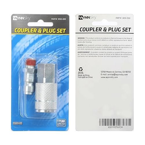  WYNNsky Air Coupler and Plug Kit, 1PC 1/4'' MNPT T Type Plug with Sealant, 1PC 1/4'' FNPT T Type Air Coupler, Air Tools Fittings Kit