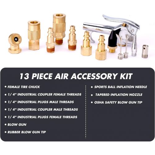  WYNNsky 1/4 NPT Air Blow Gun and Brass Air Accessory Kit, Air Compressor Connect Coupler/Plug - 13 Piece Air Tools Kit