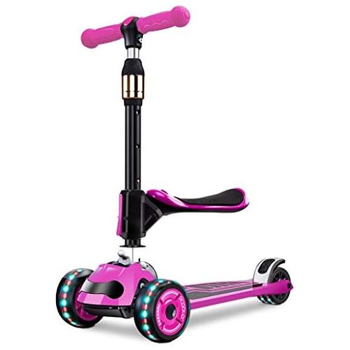  WYQ Faltbares Kinder Roller Board, mit blinkenden Radern und Sitz, verstellbarem Lenker, Tretroller fuer Kinder im Alter von 3-12 Jahren (Farbe : Pink)