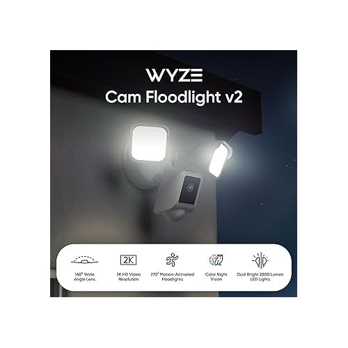  WYZE Floodlight Camera v2, 2800-Lumen LEDs, 2K HD Outdoor Security Camera, 160° Wide View, Motion Activated Light, 105dB Siren, Cloud & Local Storage, Color Night Vision, for Home Surveillance, Wired