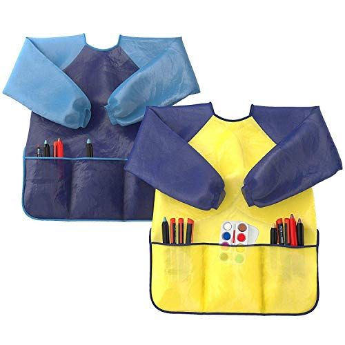  [아마존베스트]Wabbio Kids Art Smocks Pack of 2 - Children Artist Painting Aprons Waterproof and Long Sleeve with 3 Roomy Pockets for Boys and Girls Age 2-6 Years Old