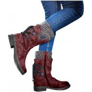 Wadonerful-Boots Wadonerful Women Vintage Mid-Calf Boots Round Toe Thick Low Heel Cowboy Shoes Knit Patchwork Back Lace-Up Knight Booties