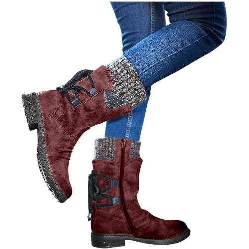  Wadonerful-Boots Wadonerful Women Vintage Mid-Calf Boots Round Toe Thick Low Heel Cowboy Shoes Knit Patchwork Back Lace-Up Knight Booties