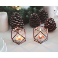 Waen Copper Candle Holder Set, Christmas Candles, Rustic Fall Decor, Stained Glass Geometric Candles, Holiday Table Lights, Copper Wedding Decor