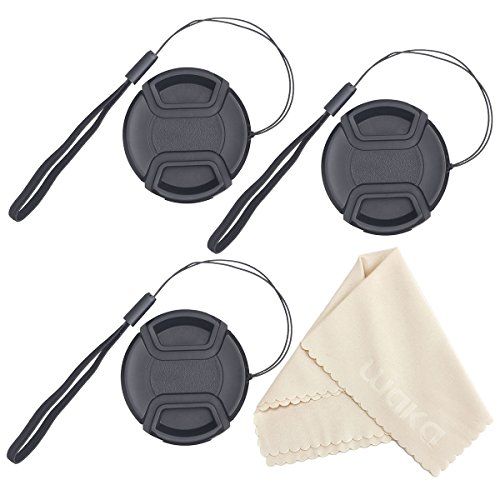  waka Unique Design Lens Cap Bundle, 3 Pcs 77mm Center Pinch Lens Cap and Cap Keeper Leash for Canon Nikon Sony DSLR Camera + Microfiber Cleaning Cloth