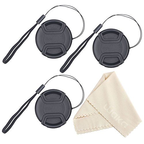  waka Unique Design Lens Cap Bundle, 3 Pcs 72mm Center Pinch Lens Cap and Cap Keeper Leash for Canon Nikon Sony DSLR Camera + Microfiber Cleaning Cloth