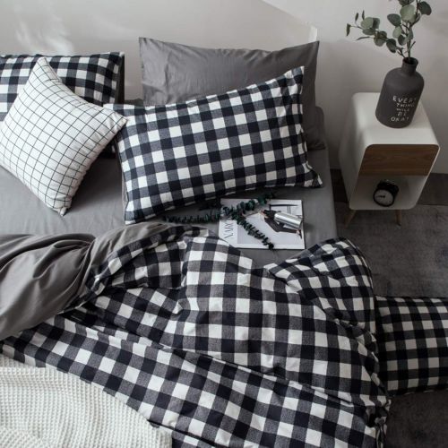  Wake Lattice Print Duvet Cover Sets Full Queen Black and White Grid Reversible Bedding Set for Kids Teens 100% Cotton Children Duvet Comforter Cover Set Luxury Bedding Cover Sets(Black