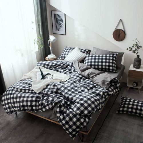  Wake Lattice Print Duvet Cover Sets Full Queen Black and White Grid Reversible Bedding Set for Kids Teens 100% Cotton Children Duvet Comforter Cover Set Luxury Bedding Cover Sets(Black