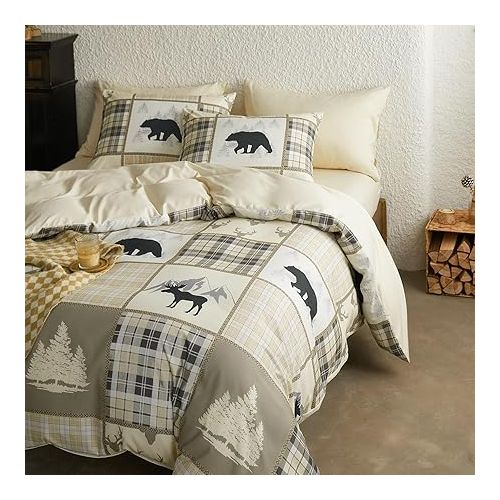  Wake In Cloud - Rustic Duvet Cover Set, Cabin Lodge Christmas Western Patchwork Bear Deer Moose Woodland RV Outdoor Theme, Soft Lightweight Bedding, 3 Pieces, Tan Cream, King Size