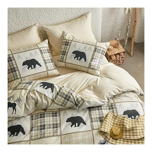  Wake In Cloud - Rustic Duvet Cover Set, Cabin Lodge Christmas Western Patchwork Bear Deer Moose Woodland RV Outdoor Theme, Soft Lightweight Bedding, 3 Pieces, Tan Cream, King Size