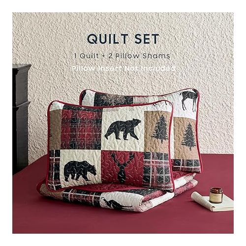  Wake In Cloud - Rustic Quilt Set, Cabin Lodge Christmas Bear Moose Deer Wildlife Western Patchwork Country, Reversible Lightweight Bedspread Coverlet, 3 Pieces, Burgundy Black, Queen/Full Size