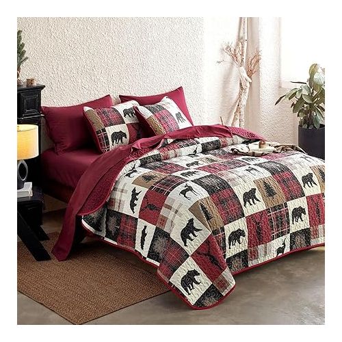  Wake In Cloud - Rustic Quilt Set, Cabin Lodge Christmas Bear Moose Deer Wildlife Western Patchwork Country, Reversible Lightweight Bedspread Coverlet, 3 Pieces, Burgundy Black, Queen/Full Size