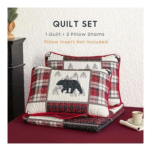  Wake In Cloud - Rustic Quilt Set, Cabin Lodge Christmas Bear Moose Deer Woodland Western Patchwork Country, Reversible Lightweight Bedspread Coverlet, 3 Pieces, Burgundy Black, Queen/Full Size