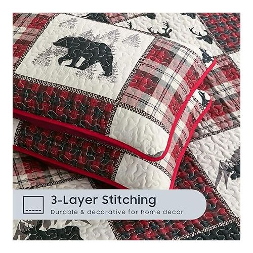  Wake In Cloud - Rustic Quilt Set, Cabin Lodge Christmas Bear Moose Deer Woodland Western Patchwork Country, Reversible Lightweight Bedspread Coverlet, 3 Pieces, Burgundy Black, Queen/Full Size