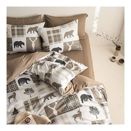  Wake In Cloud - Rustic Comforter Set with Sheets, Cabin Lodge Christmas Bear Moose Deer Wildlife Western Patchwork Country, 7 Pieces Bed in a Bag, Tan Brown, King Size