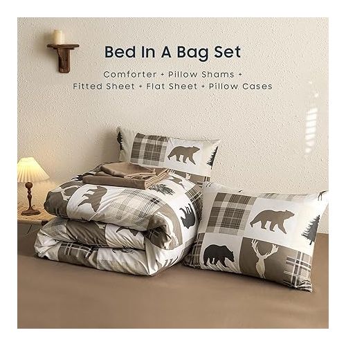  Wake In Cloud - Rustic Comforter Set with Sheets, Cabin Lodge Christmas Bear Moose Deer Wildlife Western Patchwork Country, 7 Pieces Bed in a Bag, Tan Brown, King Size