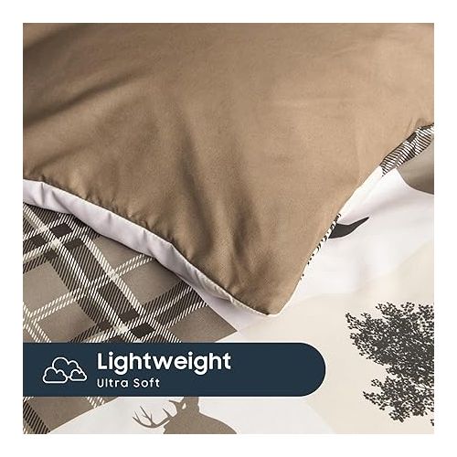  Wake In Cloud - Rustic Comforter Set with Sheets, Cabin Lodge Christmas Bear Moose Deer Wildlife Western Patchwork Country, 7 Pieces Bed in a Bag, Tan Brown, King Size