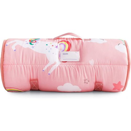  Wake In Cloud - Unicorn Nap Mat, with Removable Pillow for Kids Toddler Boys Girls Daycare Preschool Kindergarten Sleeping Bag, White Unicorns Printed on Pink, 100% Microfiber