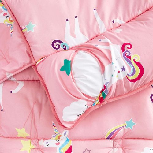  Wake In Cloud - Unicorn Nap Mat, with Removable Pillow for Kids Toddler Boys Girls Daycare Preschool Kindergarten Sleeping Bag, White Unicorns Printed on Pink, 100% Microfiber