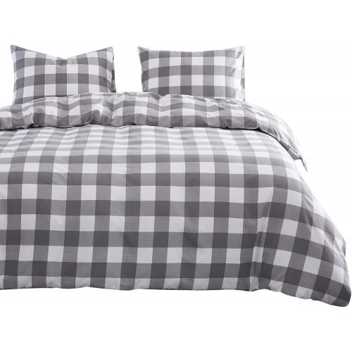  [아마존베스트]Wake In Cloud - Gray Plaid Duvet Cover Set, Buffalo Check Gingham Geometric Checker Pattern Printed in Grey White, Soft Microfiber Bedding (3pcs, Twin Size)