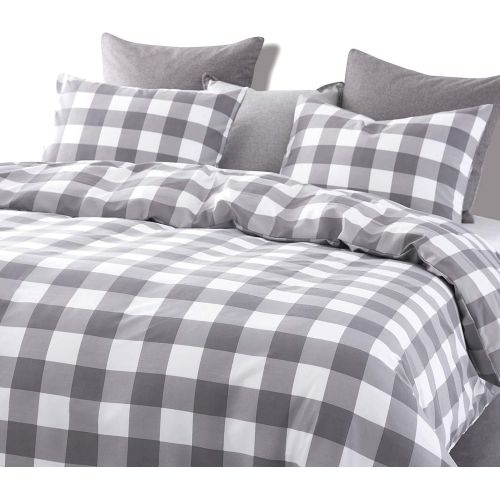  [아마존베스트]Wake In Cloud - Gray Plaid Duvet Cover Set, Buffalo Check Gingham Geometric Checker Pattern Printed in Grey White, Soft Microfiber Bedding (3pcs, Twin Size)