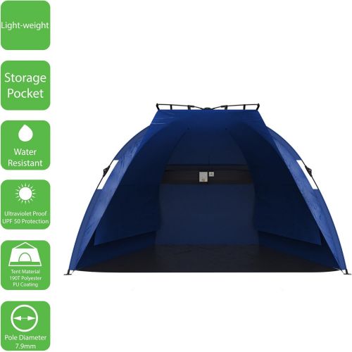  Pop Up Beach Tent- Sun Shelter for Shade with UV Protection, Water and Wind Resistant, Instant Set Up and Carry Bag by Wakeman Outdoors (Blue)