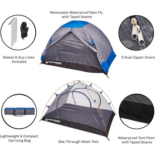  2-Person Backpacking Tent- Waterproof Floor & Rain Fly, Taped Seams & Carry Bag- Lightweight for Backcountry Camping & Hiking by Wakeman Outdoors