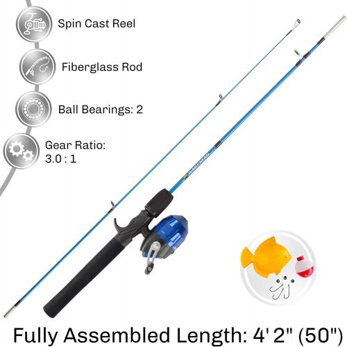  Youth Fishing Rod & Reel Combo-4’2” Fiberglass Pole, Spincast Reel & 8-Piece Tackle Kit for Kids & Beginners-Shallow Series by Wakeman Outdoors