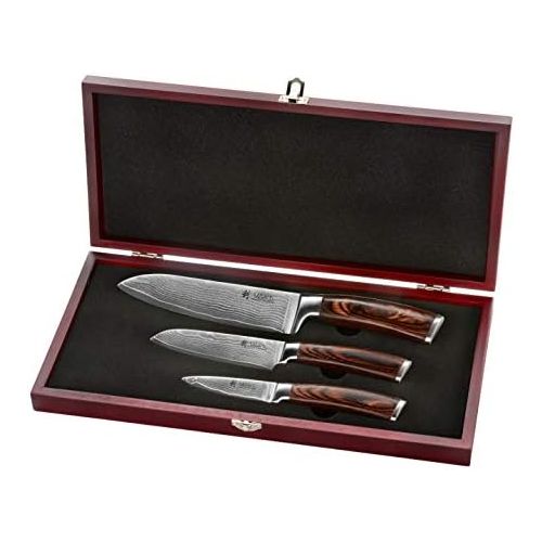  [아마존베스트]Wakoli 3er Damastmesser-Set mit Holzbox - Klingenlangen von 8,50 cm bis 17,00 cm VG-10, sehr hochwertiges Damast Kuechenmesserset, japanische Damaszener Kochmesser mit Pakkaholzgrif