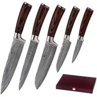 [아마존베스트]Wakoli Edib Professional Damask Knives, Set of 5, High-Quality Damask Knives, Japanese Steel VG-10, 5 Santoku Knives, Kitchen Knives with Fine Wood Handles