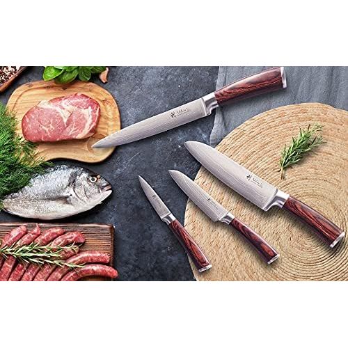  [아마존베스트]Wakoli 4er Damastmesser-Set mit Holzbox - Klingenlangen von 8,50 cm bis 18,00 cm VG-10, sehr hochwertiges Damast Kuechenmesser Set, japanische Damaszener Kochmesser mit Pakkaholzgri