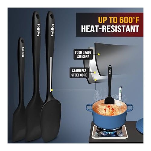  Walfos Silicone Spatula Set of 5 - (600°F) High Heat Resistant Kitchen Scraper Spatulas, One-Pieces Seamless Design, Perfect for Cooking Mixing & Baking - BPA Free and Dishwasher Safe,black