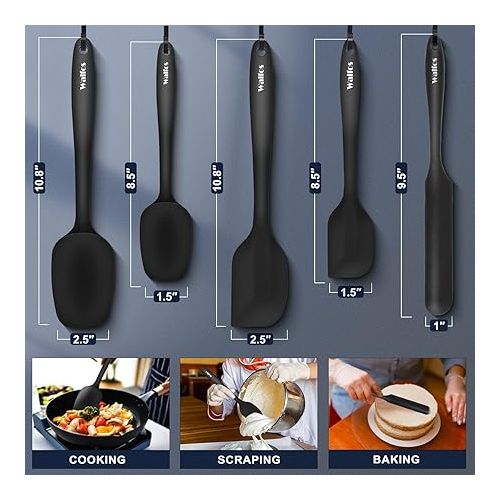  Walfos Silicone Spatula Set of 5 - (600°F) High Heat Resistant Kitchen Scraper Spatulas, One-Pieces Seamless Design, Perfect for Cooking Mixing & Baking - BPA Free and Dishwasher Safe,black