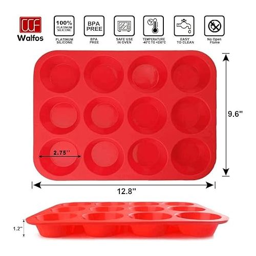  Walfos Muffin Pan Set - 12 Cups Regular Silicone Cupcake Pan, Non-stick and BPA Free, Great for Making Muffin Cakes, Tart, Fat Bombs - Dishwasher Safe, 2-Piece