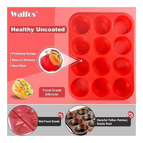  Walfos Muffin Pan Set - 12 Cups Regular Silicone Cupcake Pan, Non-stick and BPA Free, Great for Making Muffin Cakes, Tart, Fat Bombs - Dishwasher Safe, 2-Piece