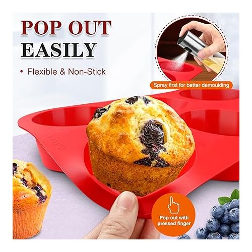  Walfos Silicone Texas Muffin Pan - 6 Cup Jumbo Silicone Cupcake Pan, Non-Stick Silicone, Just PoP Out! Perfect for Egg Muffin, Big Cupcake - BPA Free and Dishwasher Safe