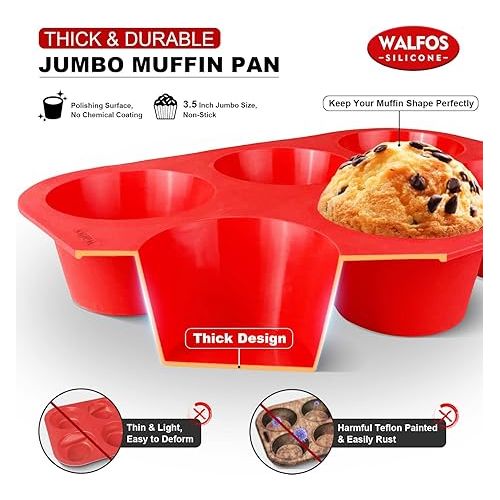  Walfos Silicone Texas Muffin Pan - 6 Cup Jumbo Silicone Cupcake Pan, Non-Stick Silicone, Just PoP Out! Perfect for Egg Muffin, Big Cupcake - BPA Free and Dishwasher Safe