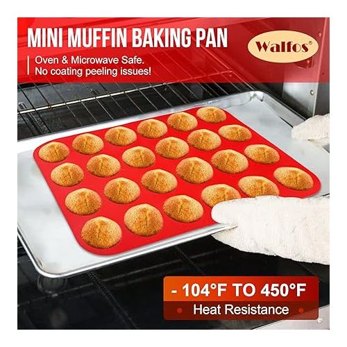  Walfos Mini Silicone Muffin Pan - 24 Cups, BPA Free and Dishwasher Safe, Non-stick Silicone Cupcake Baking Pan, Great for Making Muffin Cakes, Tart, Bread