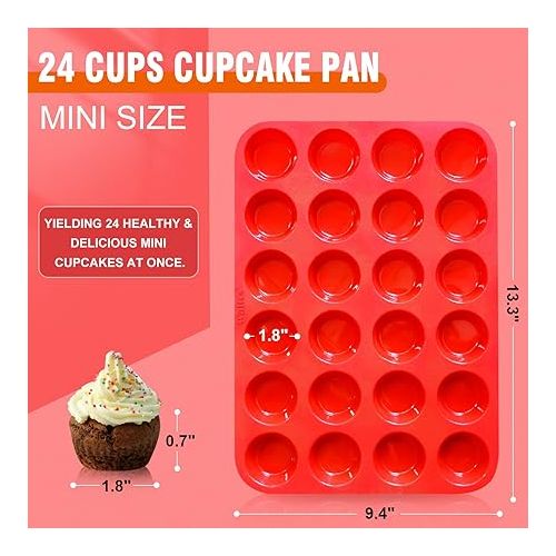  Walfos Mini Silicone Muffin Pan - 24 Cups, BPA Free and Dishwasher Safe, Non-stick Silicone Cupcake Baking Pan, Great for Making Muffin Cakes, Tart, Bread