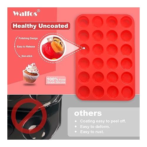  Walfos Mini Silicone Muffin Pan - 24 Cups, BPA Free and Dishwasher Safe, Non-stick Silicone Cupcake Baking Pan, Great for Making Muffin Cakes, Tart, Bread