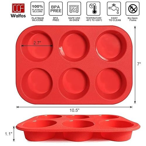  Walfos Silicone Muffin Pan - 6 Cup Non-Stick Cupcake Pan for Baking, Food Grade and BPA Free, Perfect for Egg Muffin, Cupcake, Quiches and Frittatas (3 Pack)