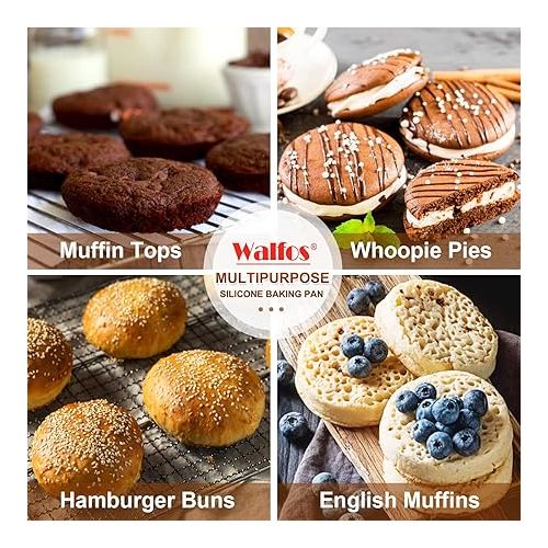  Walfos Silicone Muffin Top Pan Set, Non-Stick Whoopie Pie Baking Pans, Food Grade & BPA Free, Great for Muffin Tops, Whoopie Pies, Egg Muffins, Hamburger Buns and More, Dishwasher Safe, Set of 2