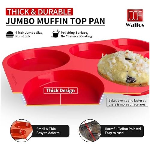  Walfos Silicone Muffin Top Pans for Baking 4inch Jumbo Size, Perfect Results Premium Non-Stick Bakeware Egg Baking Pan, Great for Eggs, Hamburger Bun, Muffin Top and More, Food Grade & BPA Free, 1pc