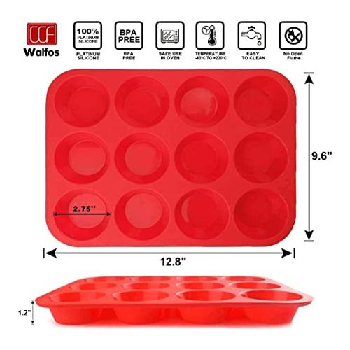  Walfos Silicone Muffin Pan - 12 Cups Regular Silicone Cupcake Pan, Non-stick Silicone Great for Making Muffin Cakes, Tart, Bread - BPA Free and Dishwasher Safe