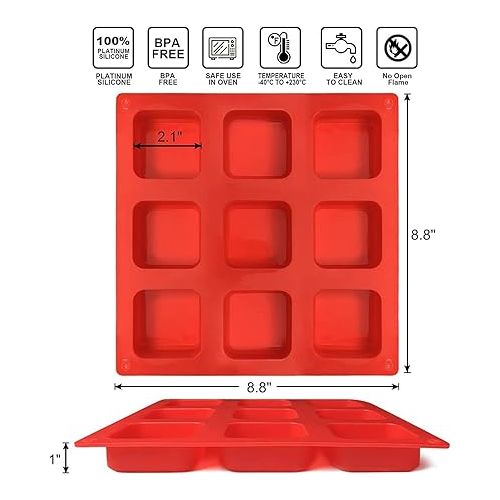  Walfos Silicone Brownie Pan, 9-Cavity Non-stick Square Baking Pan, Perfect for Brownies, Cornbread, Muffin and Cakes, BPA Free and Dishwasher Safe