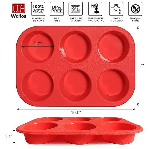  Walfos Silicone Muffin Pan - 6 Cup Non-Stick Silicone Cupcake Pan, Just PoP Out! Food Grade and BPA Free Baking Cups, Perfect for Egg Muffin, Cupcake, Dishwasher Safe (2 Pack Muffin Pan)