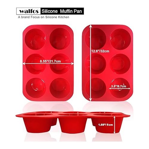  Walfos Silicone Texas Muffin Pan Set- 6 Cup Jumbo Silicone Cupcake Pan, Non-Stick Silicone, Just PoP Out! Perfect for Egg Muffin, Big Cupcake - BPA Free and Dishwasher Safe, Set of 2