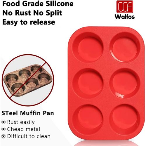  Walfos Silicone Muffin Pan - 6 Cup Non-Stick Silicone Cupcake Pan, Just PoP Out! Food Grade and BPA Free Baking Cups, Perfect for Egg Muffin, Cupcake, Dishwasher Safe (2 Pack Muffi